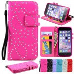 Wholesale iPhone 6 4.7 Diamond Flip PU Leather Wallet Case with Strap (Hot Pink)